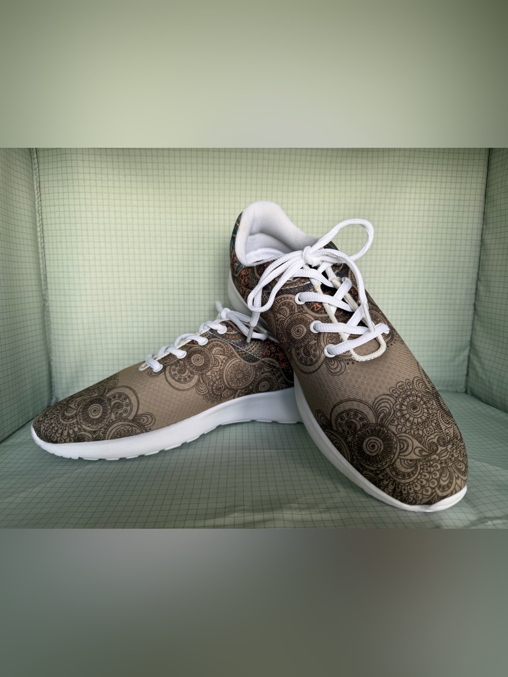 Groovy tan and teal paisley fabric sneakers